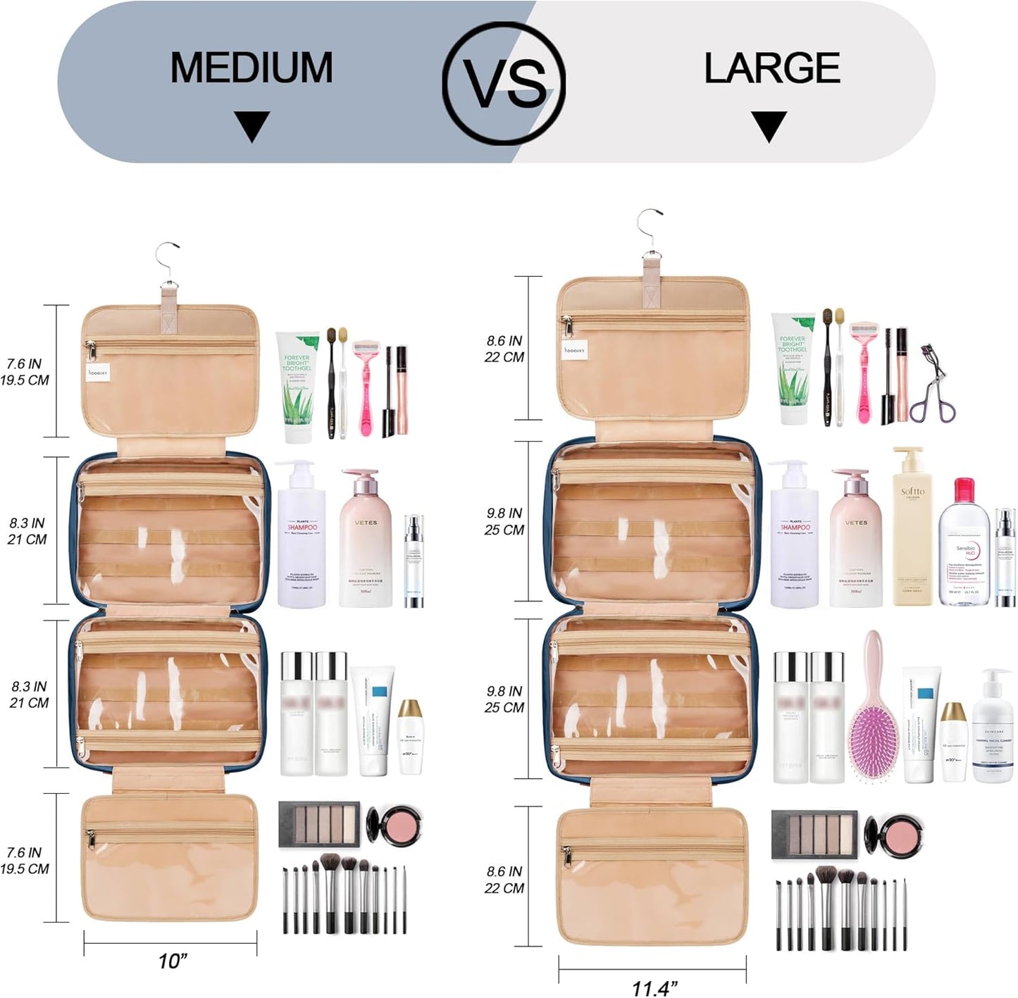Travel Hanging Toiletry Bag for Women and Men, with 8 Leak Proofing Silicone Bottle Covers, Waterproof Makeup Accessories, Cosmetic Essentials, Toiletries Dopp Kit Set with Jewelry Organizer, Navy