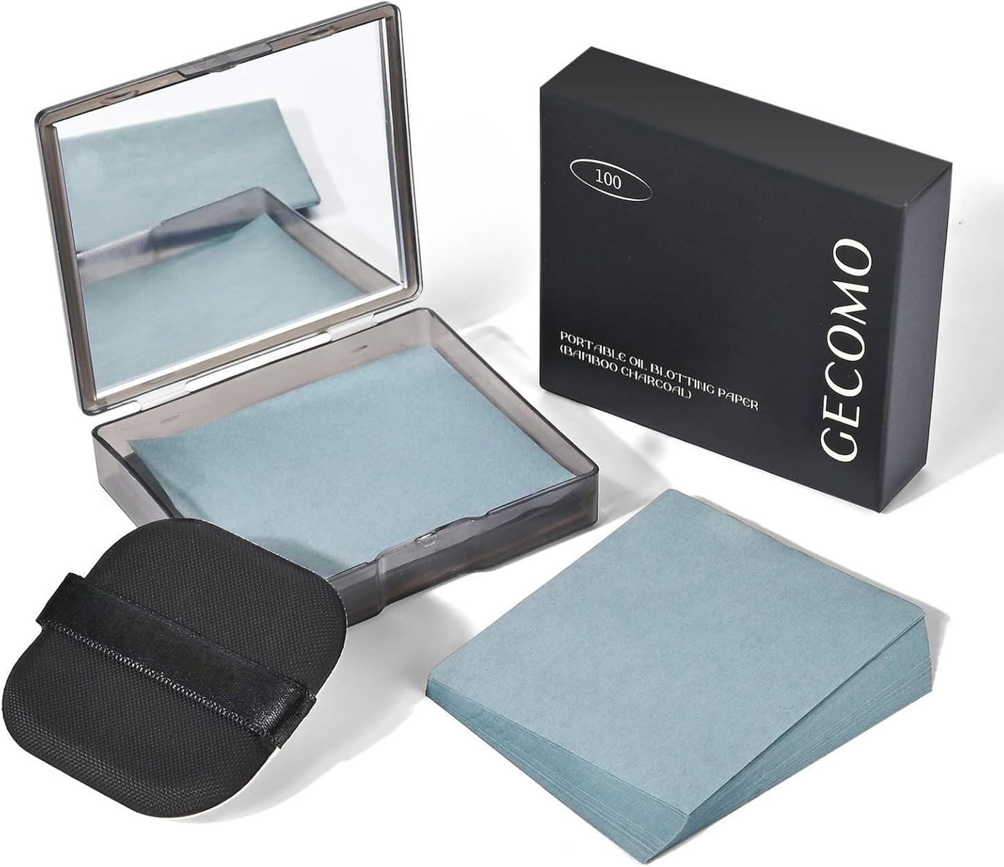 KYDA 200 Sheets Bamboo Charcoal Oil Blotting Paper with Mirror and Puff, Refills Included, Face Oil Absorbing Sheets, Makeup Friendly Oil Control Paper, Travel Size Oil Control Film