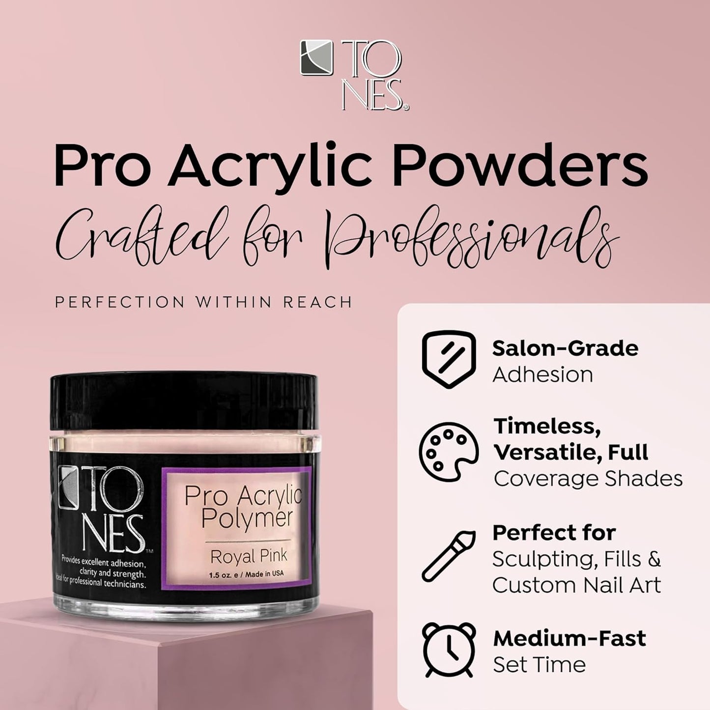 Tones Pro Acrylic Nail Powder, Royal Pink (Soft, Creamy Pastel Pink), (1.5 Fl Oz) - Long-Lasting & Non-Yellowing Polymer for Salon Quality Nail Extensions & 3D Art