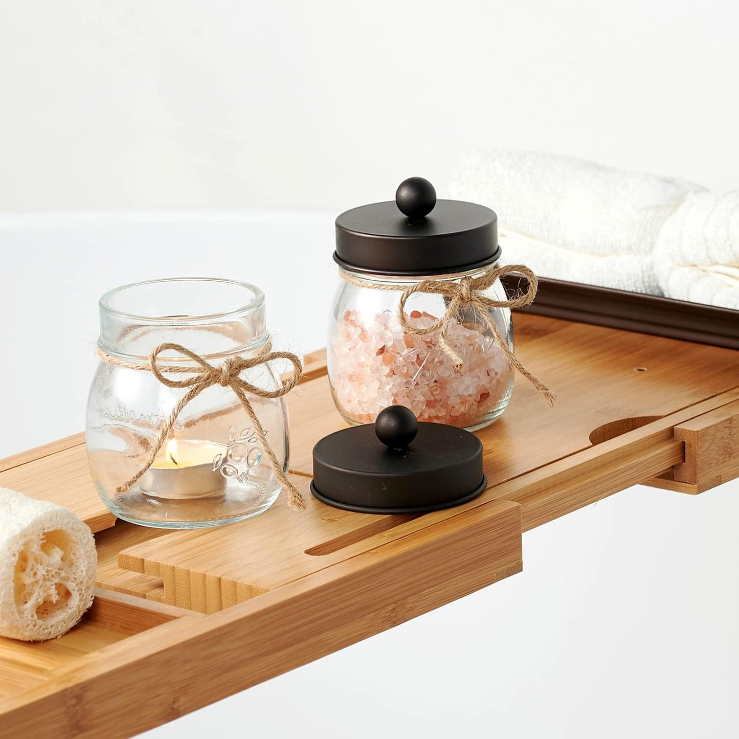 SheeChung 2 Pack Small Mason Jars Qtip Holders, Bathroom Shelf Decor, Guest Bathroom Decor for Cotton Balls, Floss Pick, Cotton Round Pads - Bronze