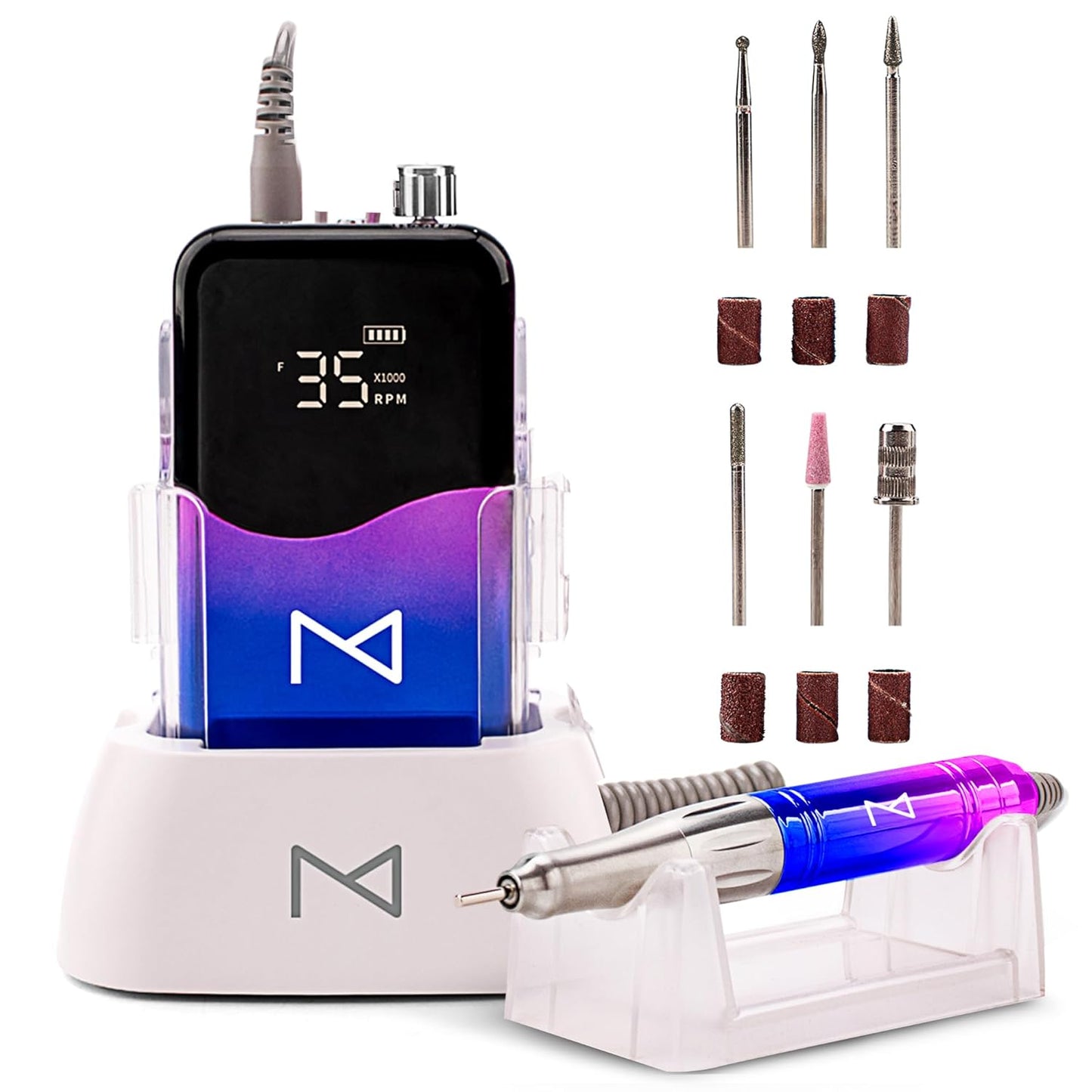 M Mase- Professional Nail Drill Machine - Coreless 2-in-1 Nail File - Electric, Cordless, 35000 RPM, HD Display - Electric Nail Drill for Professional & Home Use (Unicorn Pink Blue)