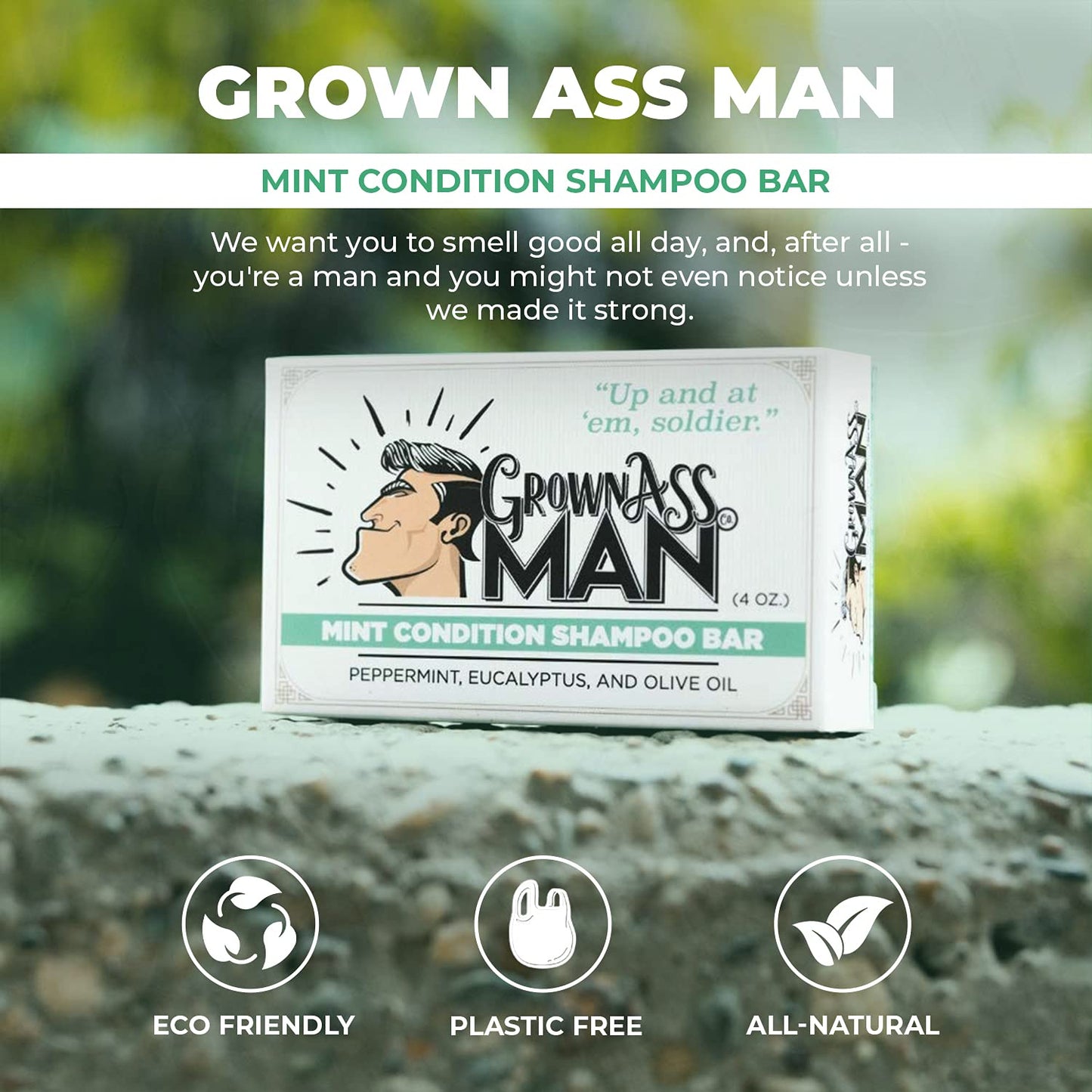 Solid Shampoo Bar Rich Lather 3 in 1: Hair, Beard & Body Wash - Plastic Free & Eco-Friendly, Natural & Organic Clean for All Hair Types, 4oz Bar (Mint Condition, Single)