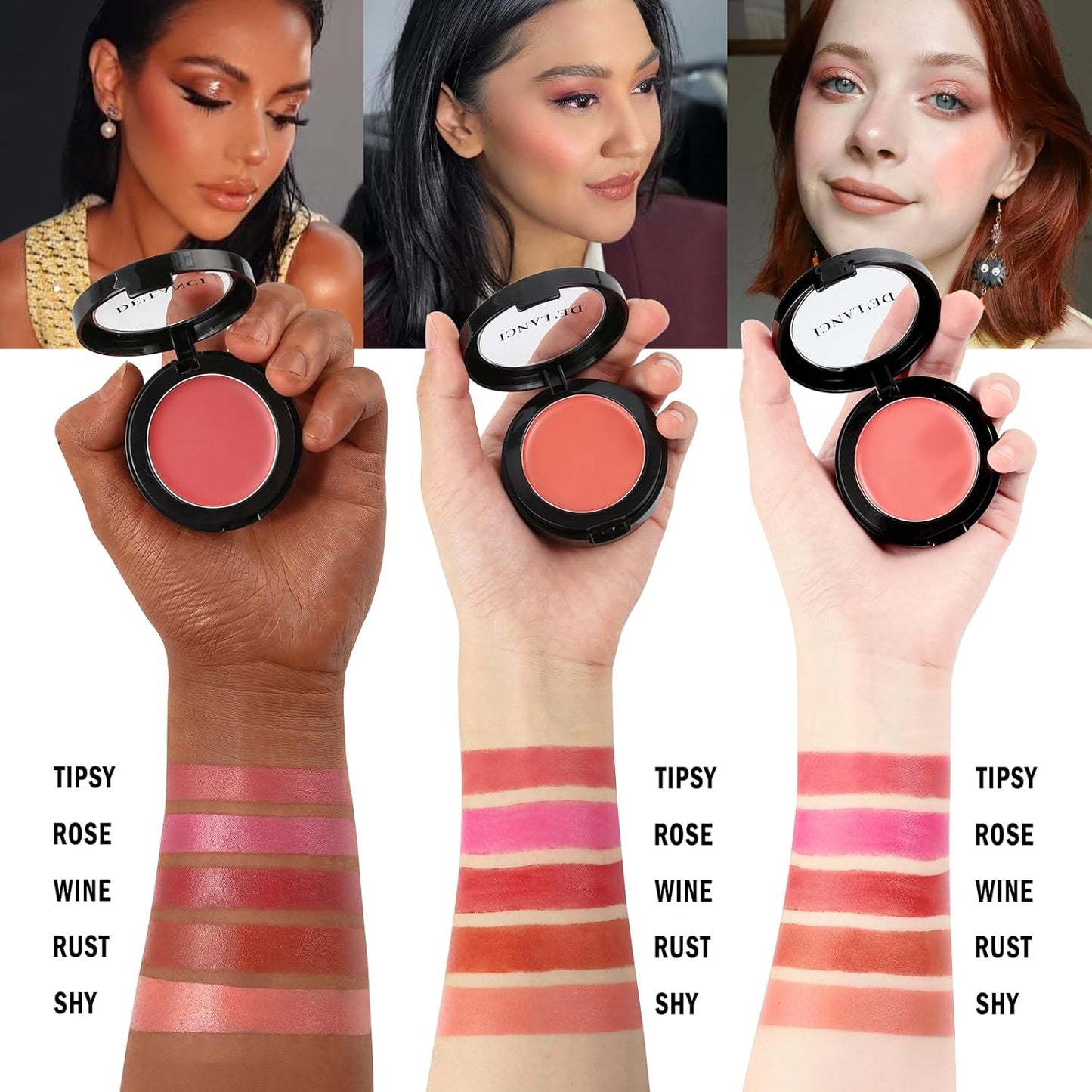 DE'LANCI Hydrating Cream Blush for Cheeks & Lips & Eyeshadow, Creamy & Long-lasting Waterproof Blush Balm, Lightweight Matte Blush for natural look, Travel Size, Highly Pigmented, Built-in Brush, Wine