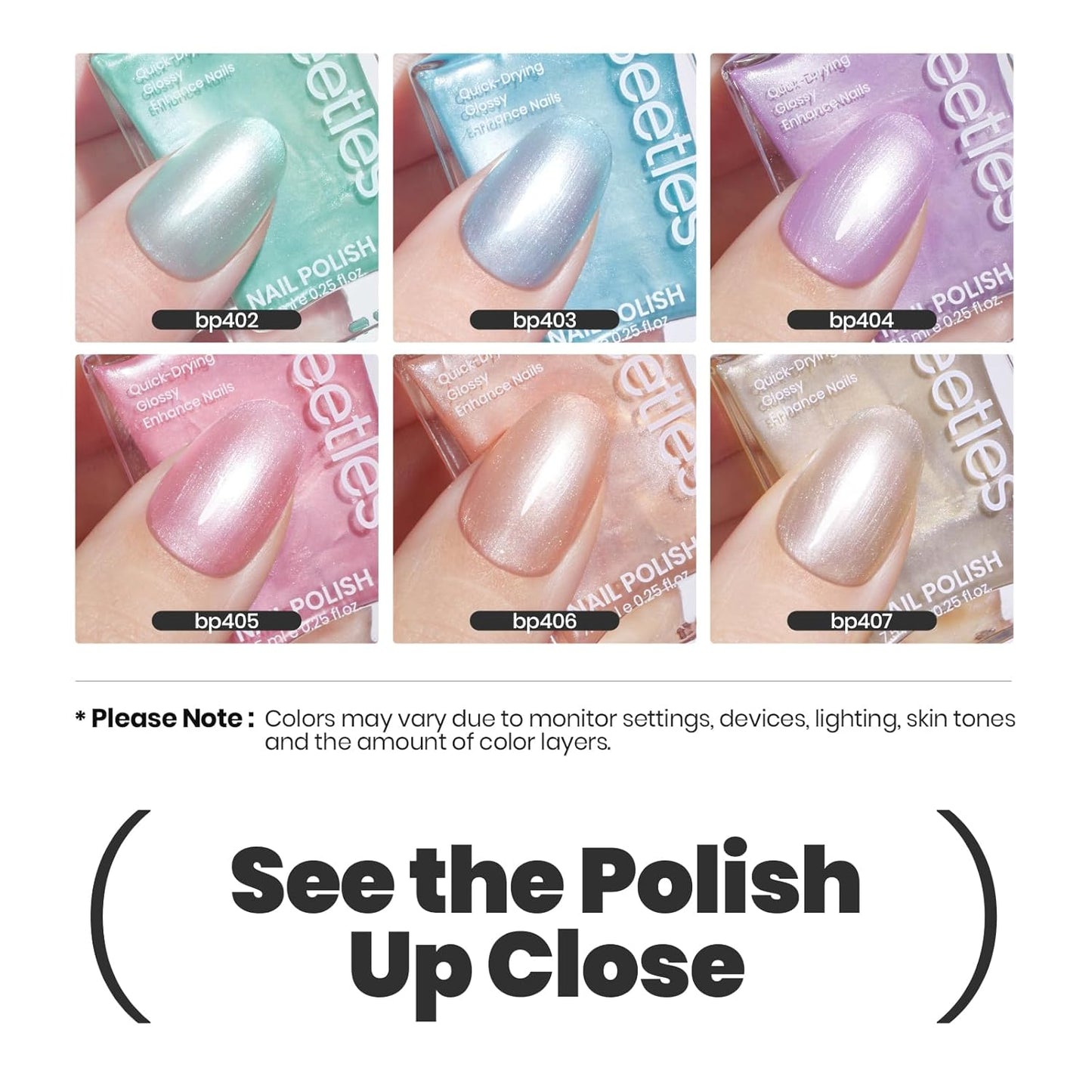 Beetles Nail Polish Set, 6 Colors Pearl Nail Polish Kit Pastel Pearl Shimmer Pink Orange Blue Green Dreamy Swirl Quick Dry Fingernail Polish Gifts for Women Salon DIY Manicure Kit