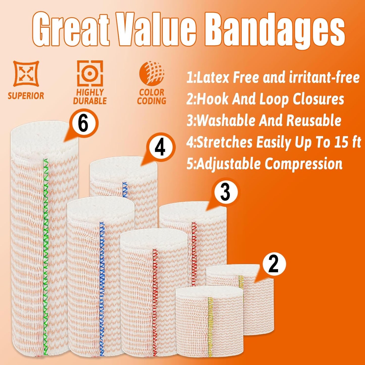 Premium Elastic Bandage Wrap 4 inch 3 Pack Reusable Versatile Self-Closing Compression Bandage Wraps for Ankles, Wrists Knee, Tummy and Body Cotton Lymphedema Wraps for Legs Latex-Free