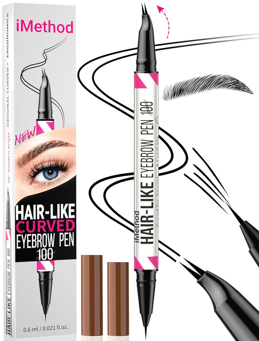 iMethod Curved Eyebrow Pen - 2-in-1 Dual-Ended Eyebrow Pencil with Curved Tip and Precise Brush-Tip, Microblading Pen for Natural Hair-Like Brows, Long Lasting, Black