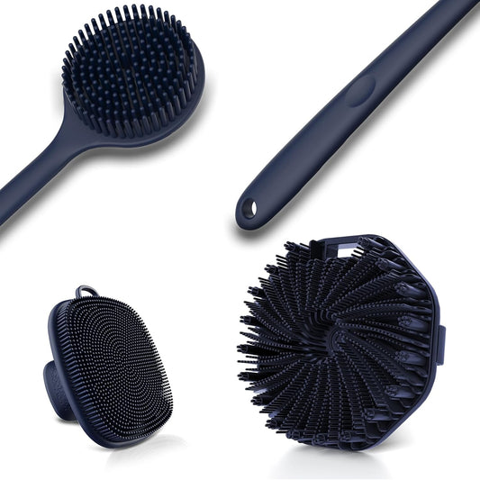 3 PCS Silicone Bath Brush Set,Back Scrubber & Body Brush & Face Brush Set, Super-Exfoliating & Lathering Body Scrubber, Shower Brush, Face Scrubber Combination for HomeBathroom Hotel Travel.(Blue)