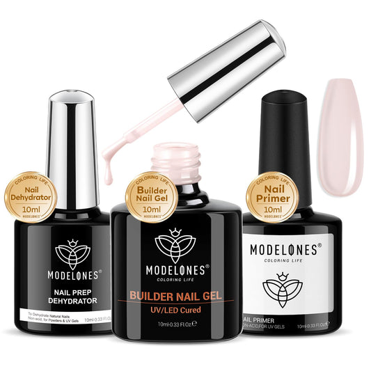 modelones Nail Dehydrator and Primer with Builder Nail Gel, 3Pcs Cover Nude Pink LED Gel Builder Polish Base Coat Prep Dehydrate & Bond Primer for Apex Building Thickening 10ml Home DIY Salon