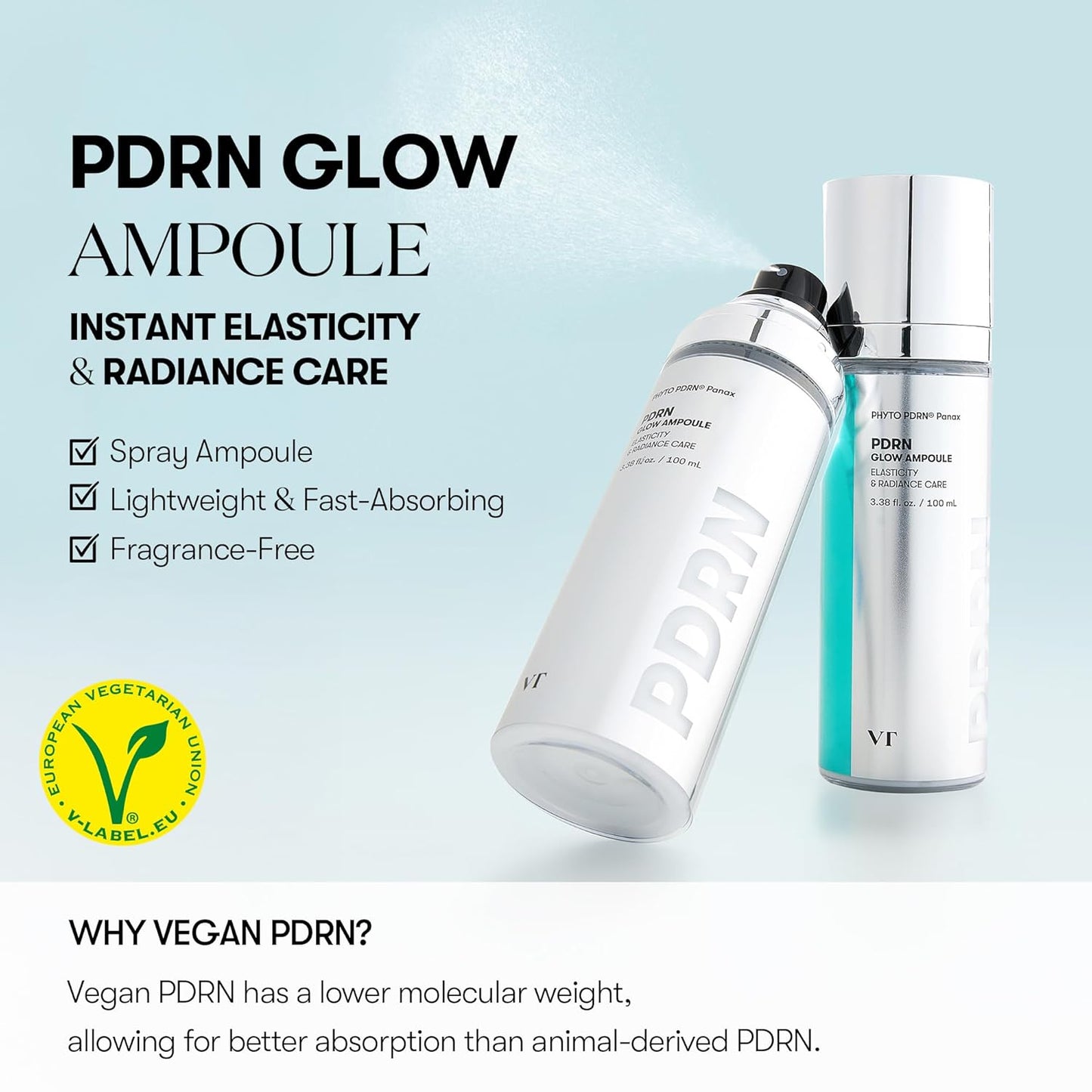 VT COSMETICS PDRN Glow Ampoule, PDRN Facial Mist, Deep Hydration Spray Serum, Vegan Skin Care, Light-weight Face Moisturizer, Plumping Effect, Fragrance-Free, Korean SkinCare (3.38 fl oz / 100 ml)