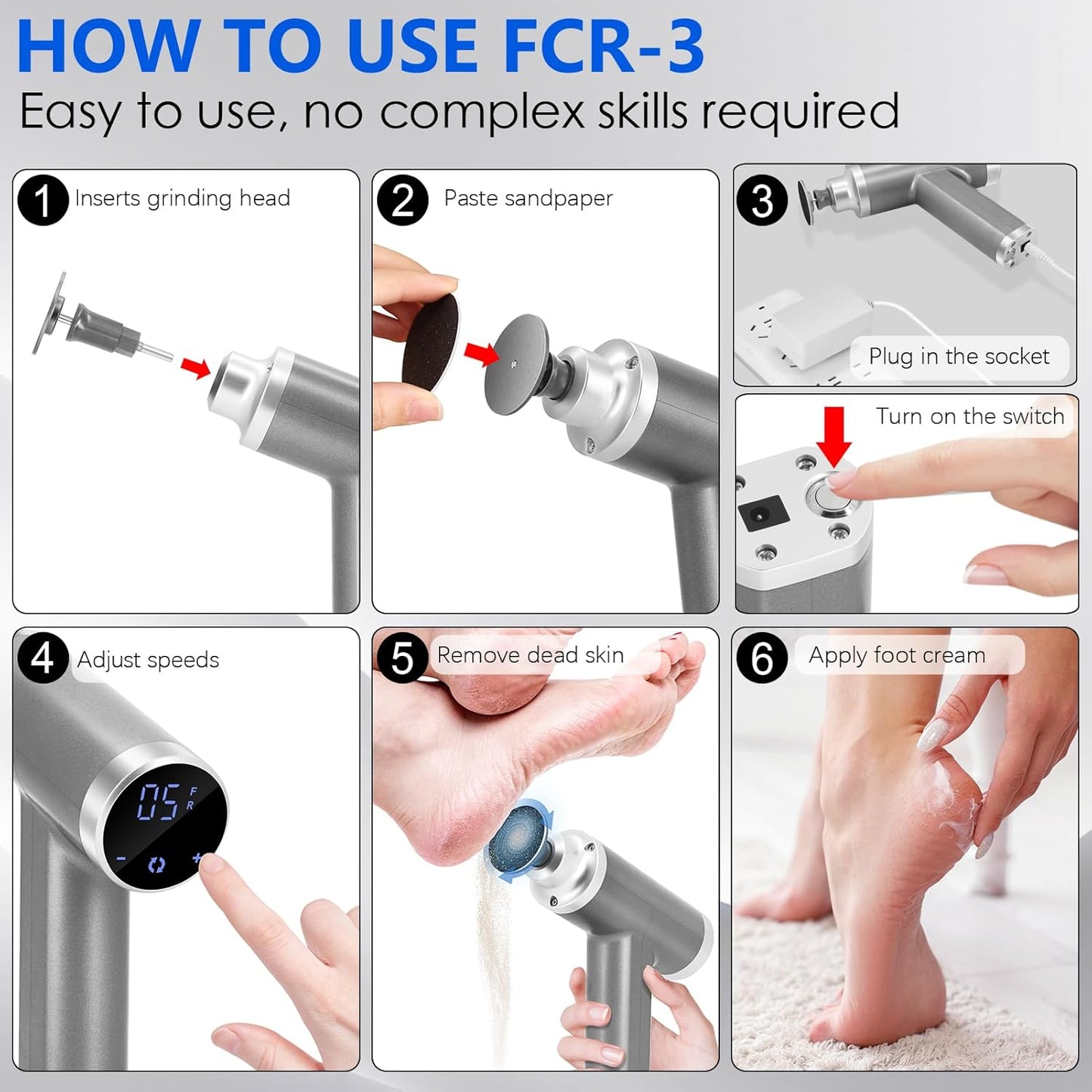 Upgraded Electric Callus Remover for Feet 4500rpm, Adjustable Speed Professional Electric Foot Sander Grinder Foot File for Calloused Feet Dead Hard Cracked Skin, with 4 Interchangeable Heads (Gray)