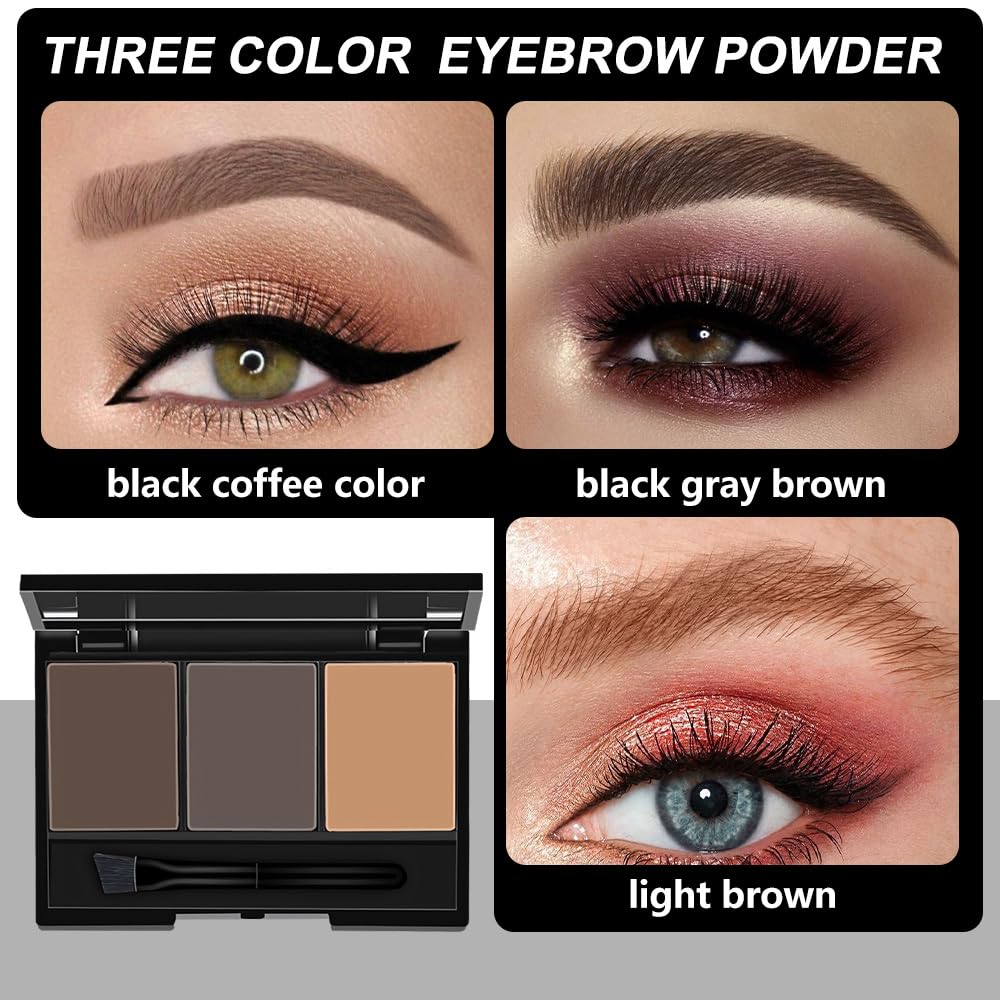 Brow Powder Kit – Long-Lasting 3-Color Brow Filler for Full, Defined Natural Brows, Contour Palette with Double-Ended Brush, sombra para cejas (02)