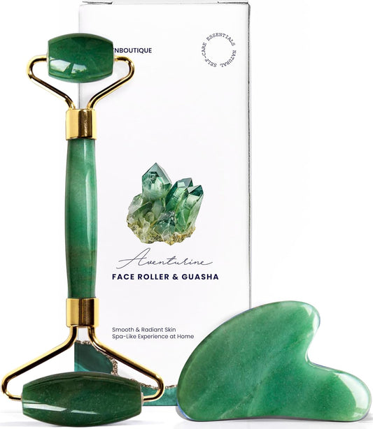 Gua Sha Facial Tools & Face Roller by ROSELYNBOUTIQUE Original Face Massager for Puffiness Wrinkless Skin Care Routine - Self Care Gift for Men Women (Aventurine)