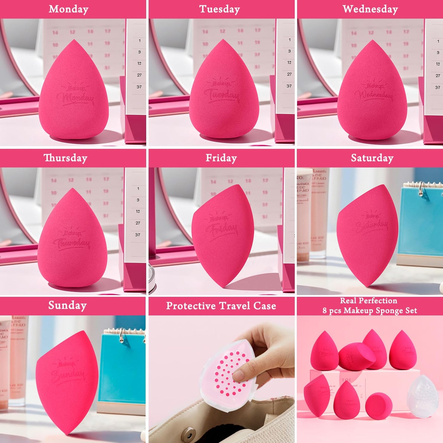 Real Perfection Makeup Sponge Set Blender Sponges, Latex-Free Beauty Makeup Sponges 7 pcs with 1 Travel Container Case for Blending Foundation Liquid Cream and Powder (Rose Red)