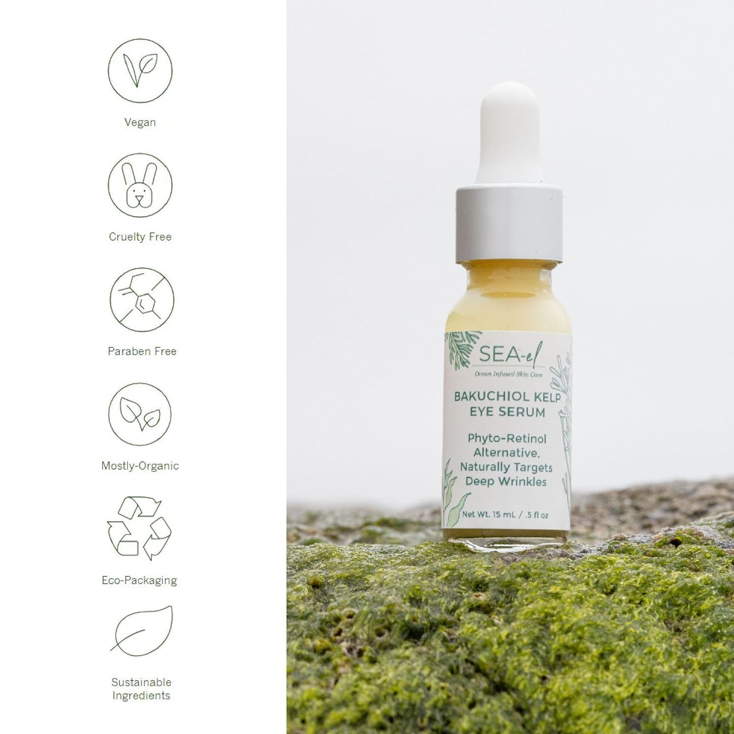 Sea-el Bakuchiol Kelp Eye Serum Plant-Based Skincare Naturally Boosts Under Eye Glow Targets Deep Wrinkles & Supports Smooth Skin - Retinol Alternative for Women or Men, Vegan - .5 oz