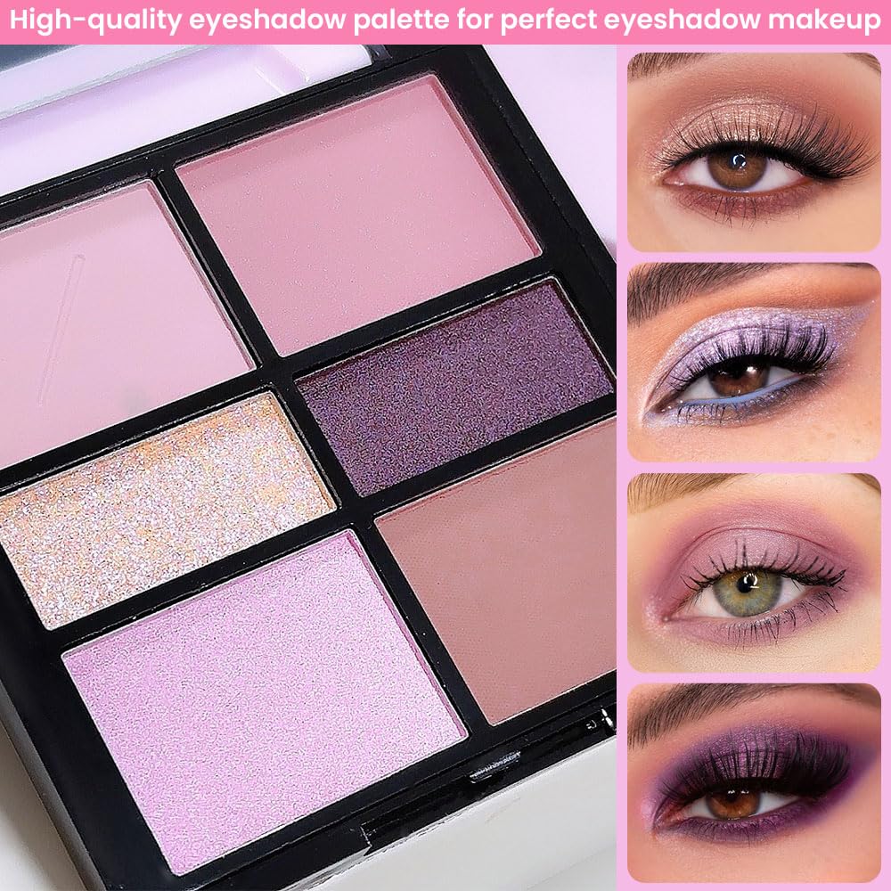 6-Color Pink Champange Purple Matte & Shimmer Eyeshadow Palette with Mirror – Highly Pigmented, Long-Lasting Eye Makeup for Artists & Creative Looks (03#)