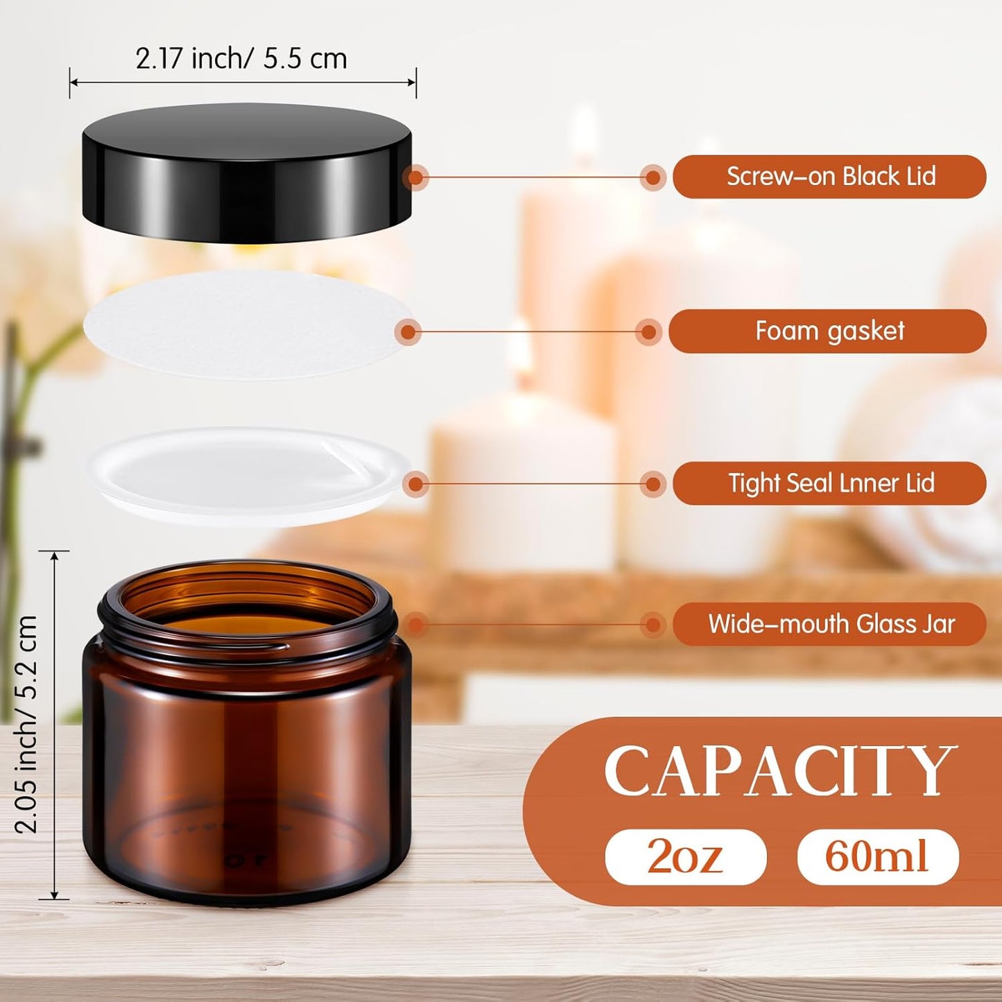 Domensi 72 Pcs 2 oz Glass Jars with Lids Travel Size Round Leakproof Empty Cosmetic Jars with Inner Liners Lid for Storing Makeup Lotions Face Cream Ointments Candle DIY Making (Amber)