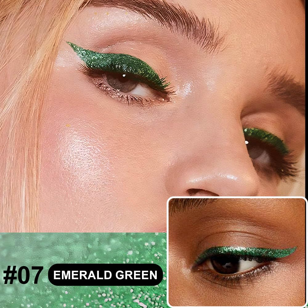 2PCS Metallic Glitter Coloured Liquid Eyeliner Pens Set03 – Waterproof Mark Emerald or Purple Long-Lasting Sparkly Eye Makeup – Tattoo-Effect Ink Liners for Women & Men, Delineador Líquido con Brillo