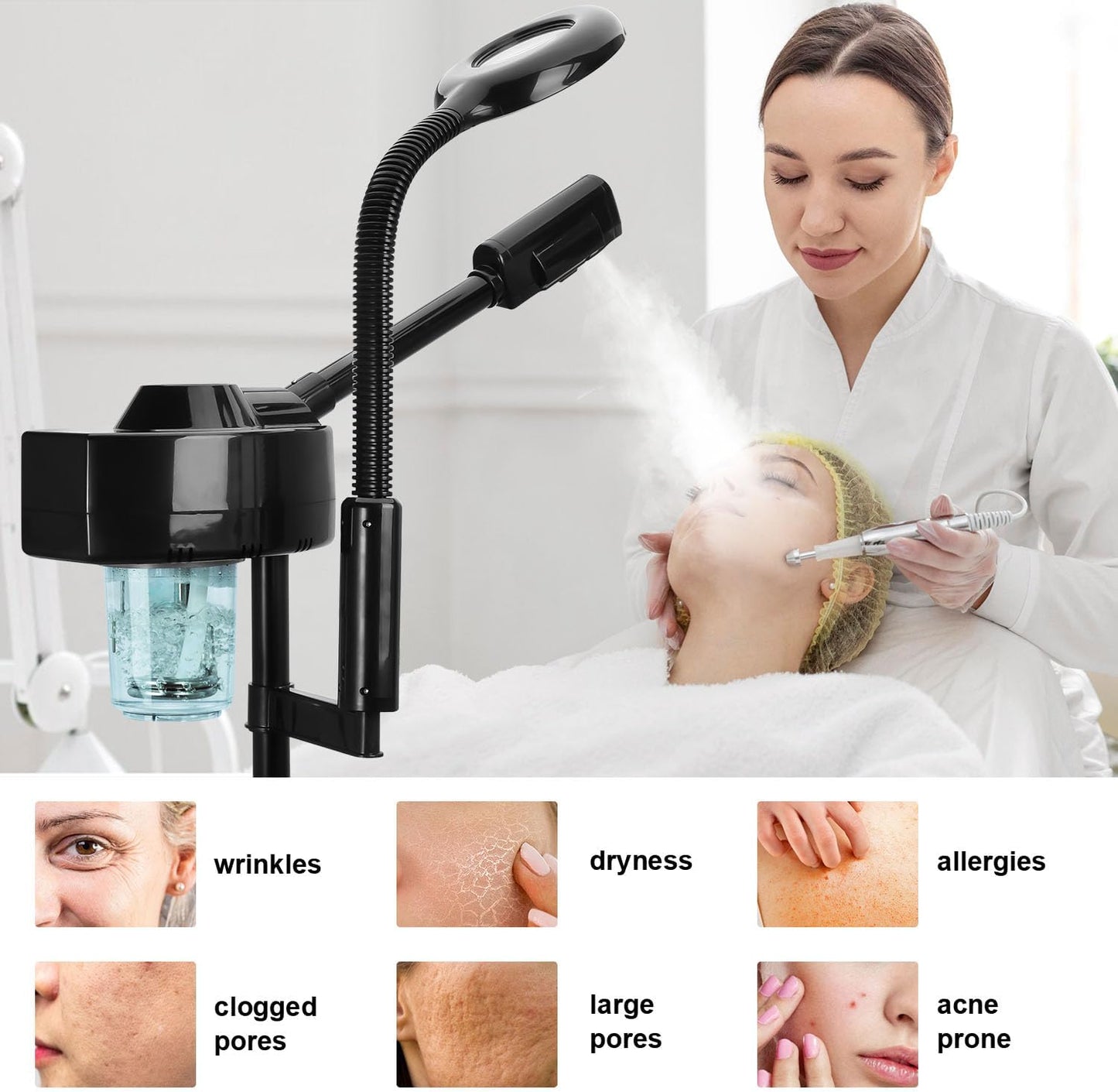 2 in 1 Facial Steamer Professional Ionic Face Steamer with 5X Magnifying Lamp&Adjustable Hot Mist Nozzle, Esthetician Facial Steamer Salon Spa Beauty Skin Care Equipment