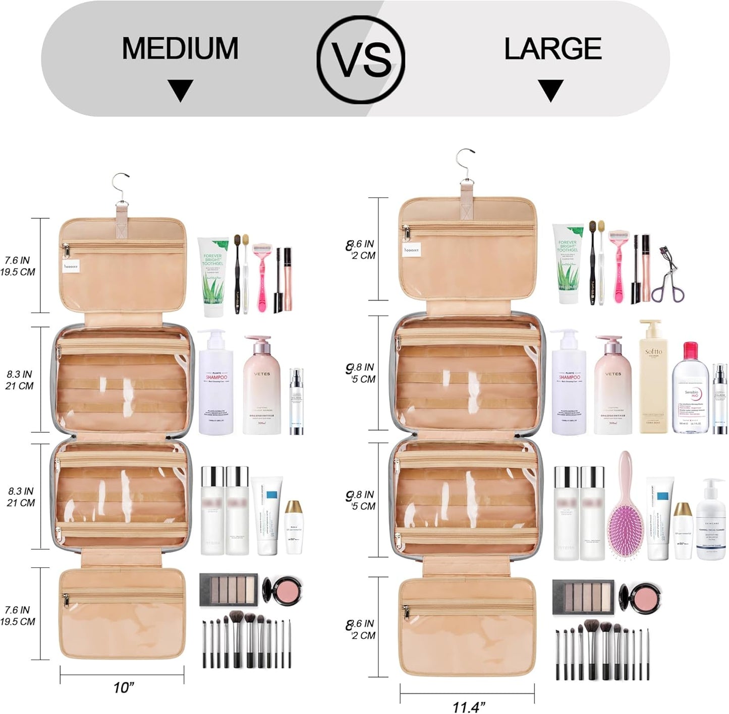 Travel Hanging Toiletry Bag for Women, with Jewelry Organizer Compartment, Medium Waterproof Hanging Makeup Accessories, Cosmetic Essentials, Toiletries Dopp Kit Set with Trolley Belt, Grey