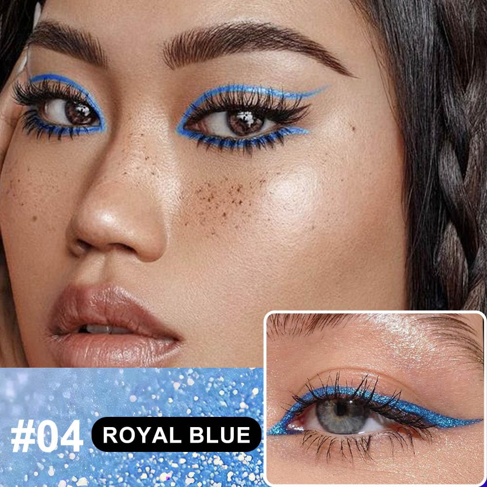 Dark Blue Metallic Glitter Liquid Eyeliner Pen – Long-Lasting Sparkly Waterproof Eyeliner for Women & Men – Tattoo-Effect Eye Makeup for Parties – Delineador Líquido con Brillo 04
