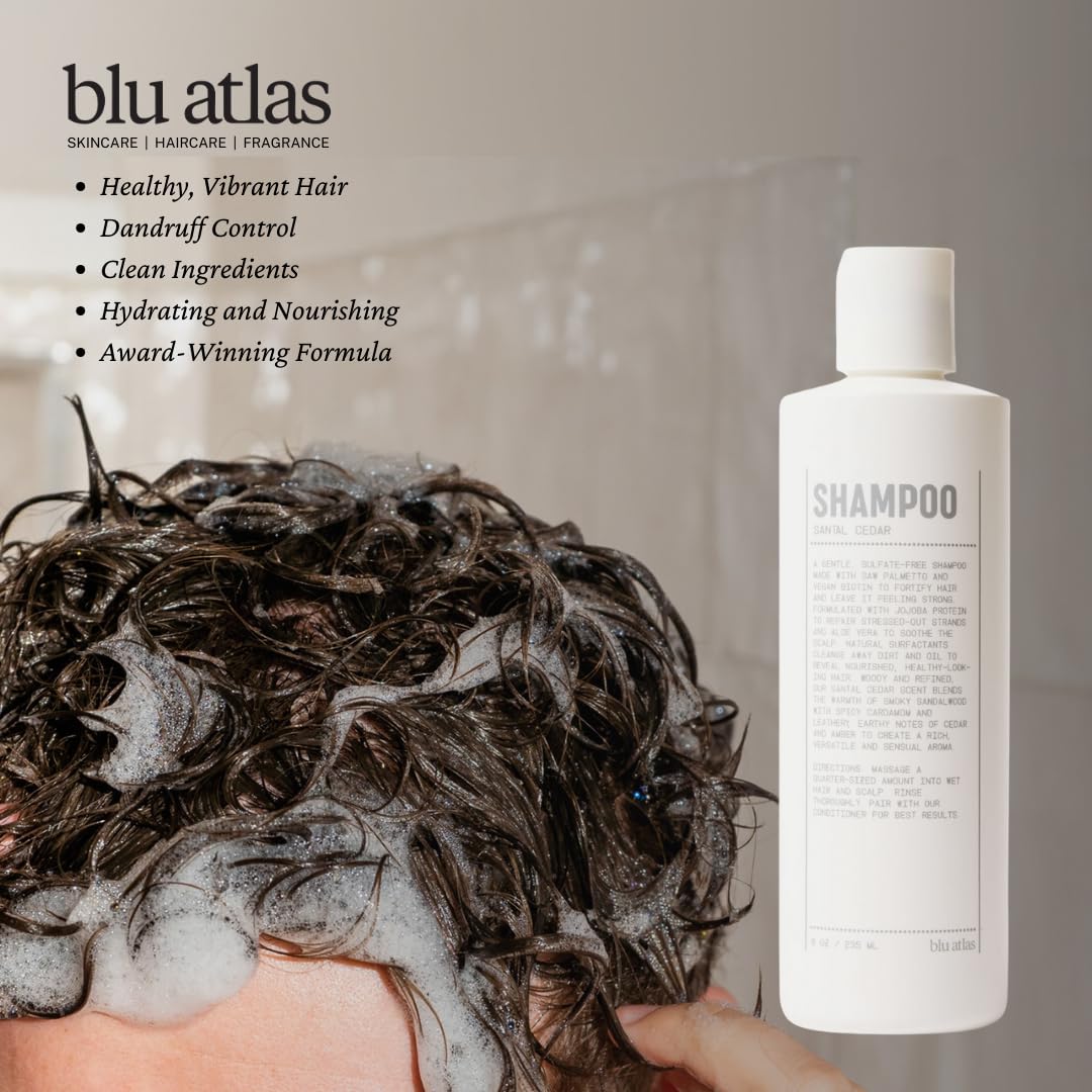 Blu Atlas Men's Natural Shampoo – Organic, Sulfate-Free, Paraben-Free – Deep Cleansing & Hydrating – Santal Cedar Scent – Made in America – 8 oz