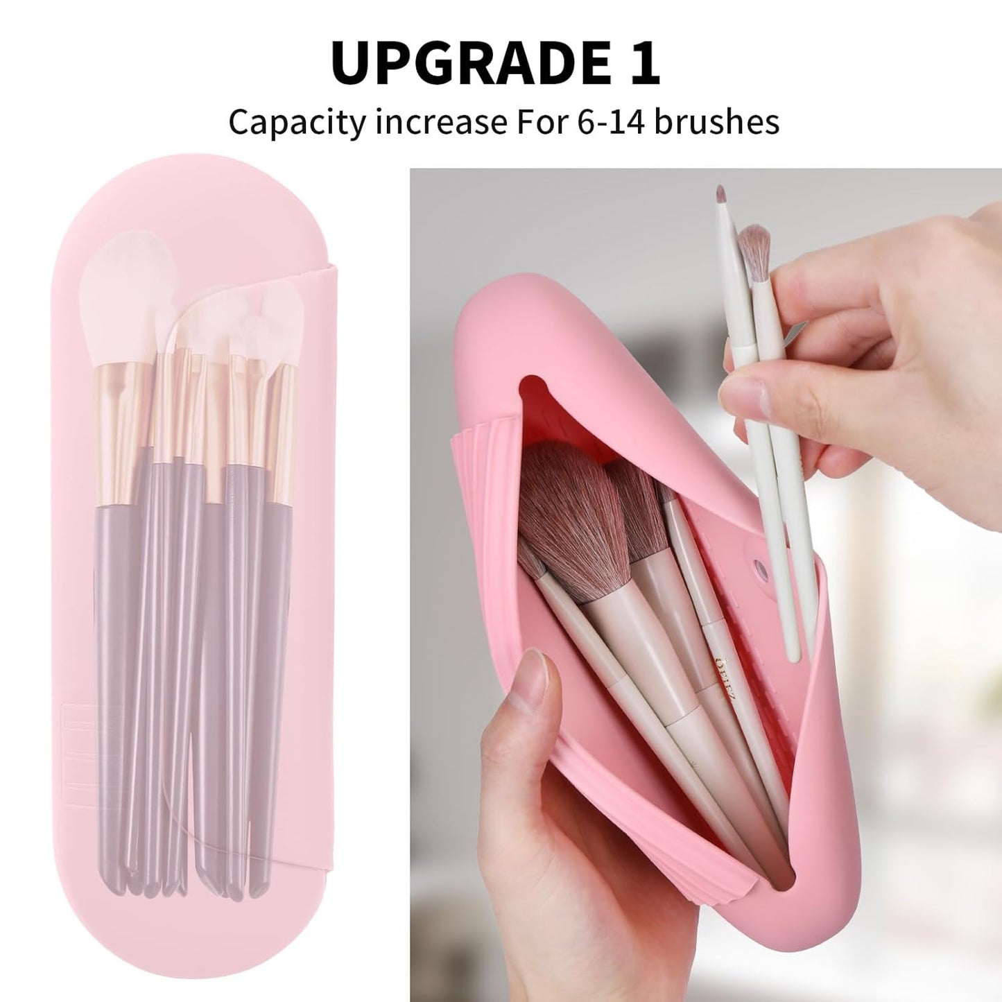 Silicone Makeup Brush Holder Travel Cosmetic Bag：Soft Portable Cosmetic Face Brushes Holder with Upgrade Anti-Fall Out Magnetic Closure, Large Travel Makeup Brush Case - Pink