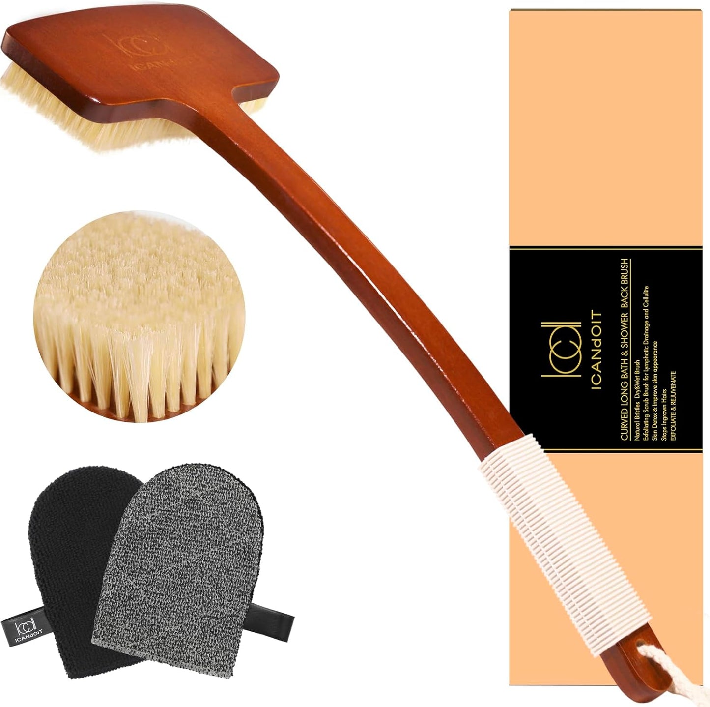 ICANdOIT Exfoliation Set-17.71 Inch Boar Bristles Back Scrubber Bath Brush,Shower Brush with No-Slip Curved Handle,Dual-Sided Face Exfoliation Glove