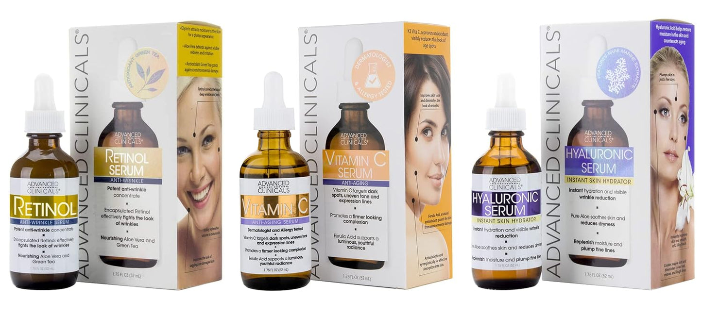 Advanced Clinicals Retinol Serum For Face + Hyaluronic Acid Serum + Vitamin C Serum Skincare Set | Face Serum For Women | Anti Aging Serums For Brightening, Firming, & Hydrating | 1.75 Fl Oz, 3pc Set