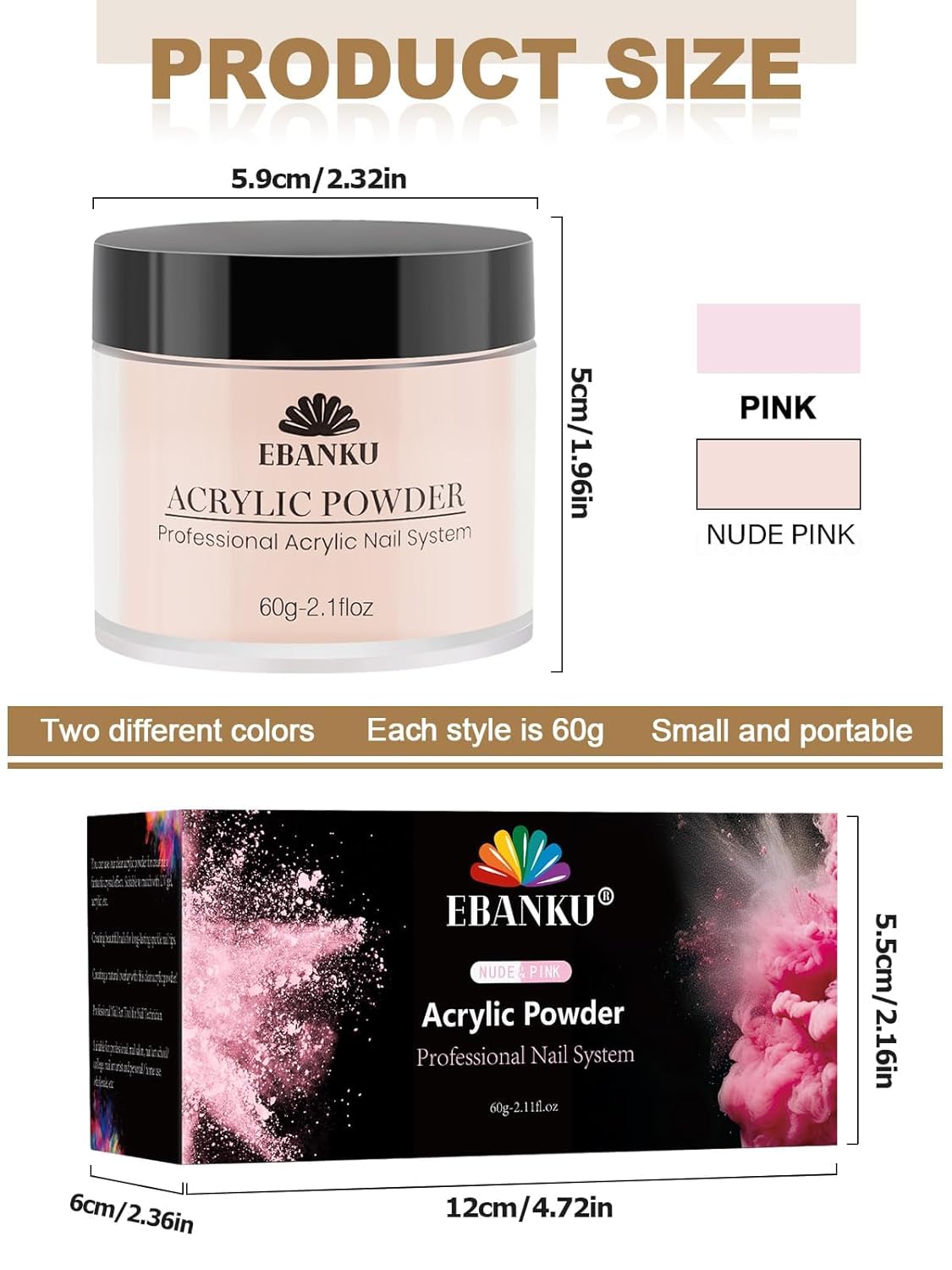 EBANKU Nude Pink Acrylic Powder for Nails, Long Lasting 3D Fingernail Carving & Nail Extensions, Professional Colors Acrylic Powder for Manicure, No Nail Lamp Needed, 60g/2.1oz*2Pcs