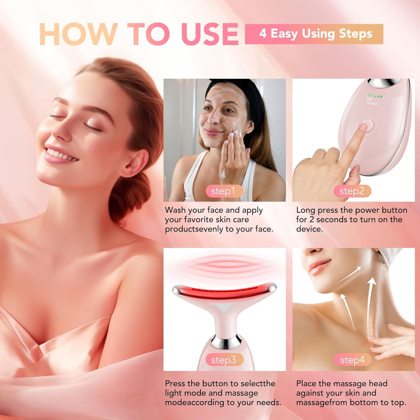 Red-Light-Therapy-for-Face, Facial Massager Wand Tool with 7 Color - Birthday, Christmas, Mothers Day, Valentines Day, Self Care Gifts for Her Women Mom Best Friend Wife Teacher (Pink)