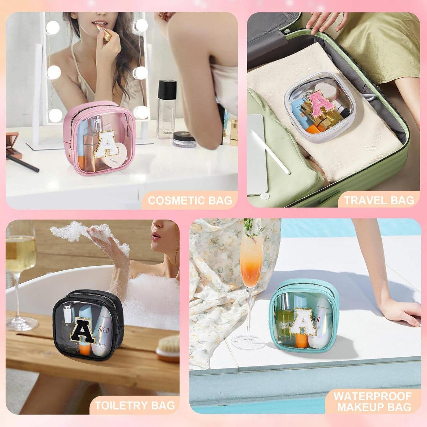 YOOLIFE Initial Makeup Bag Travel Toiletry Bag, Clear Makeup Bag Car Accessories For Women Clear Makeup Bags With Zipper Girlfriend Teacher 13 Year Old Girl Gifts Daughter Girl Gifts Mini Black R