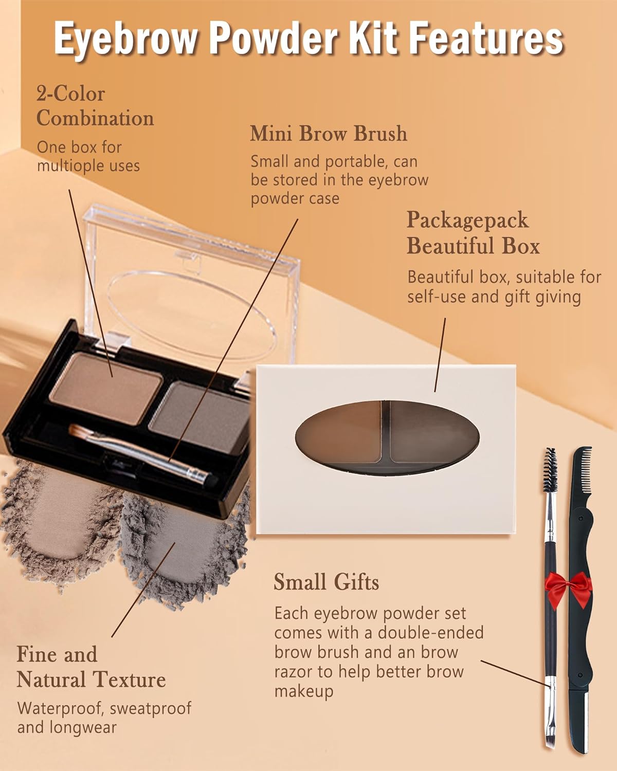 Waterproof Eyebrow Powder Kit-2 Colors Eye Brow Powder Tinted Palette Long Lasting Up to 16H,Light Brown/Taupe Brow Filler Defined&Sculpt Natural Eyebrow Makeup Sparse Brow with Brow Brush&Razor-01