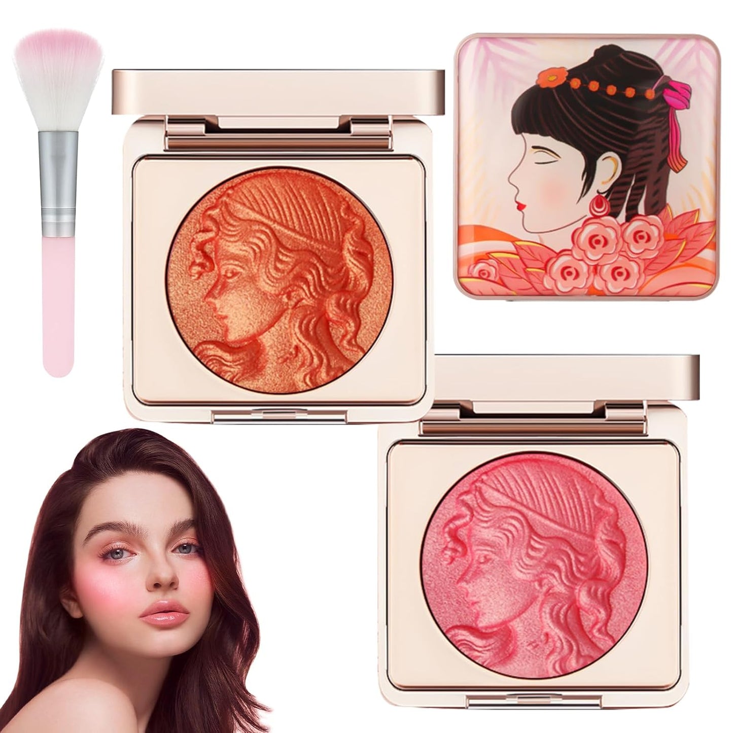 Embossed Smooth Powder Blush Palette for Cheeks,Matte Face Powder Blush Palette,Embossed Girl Blush for Cheeks,Natural Nude Long Lasting Powder Blush Palette for All Skins(Pink+Orange)