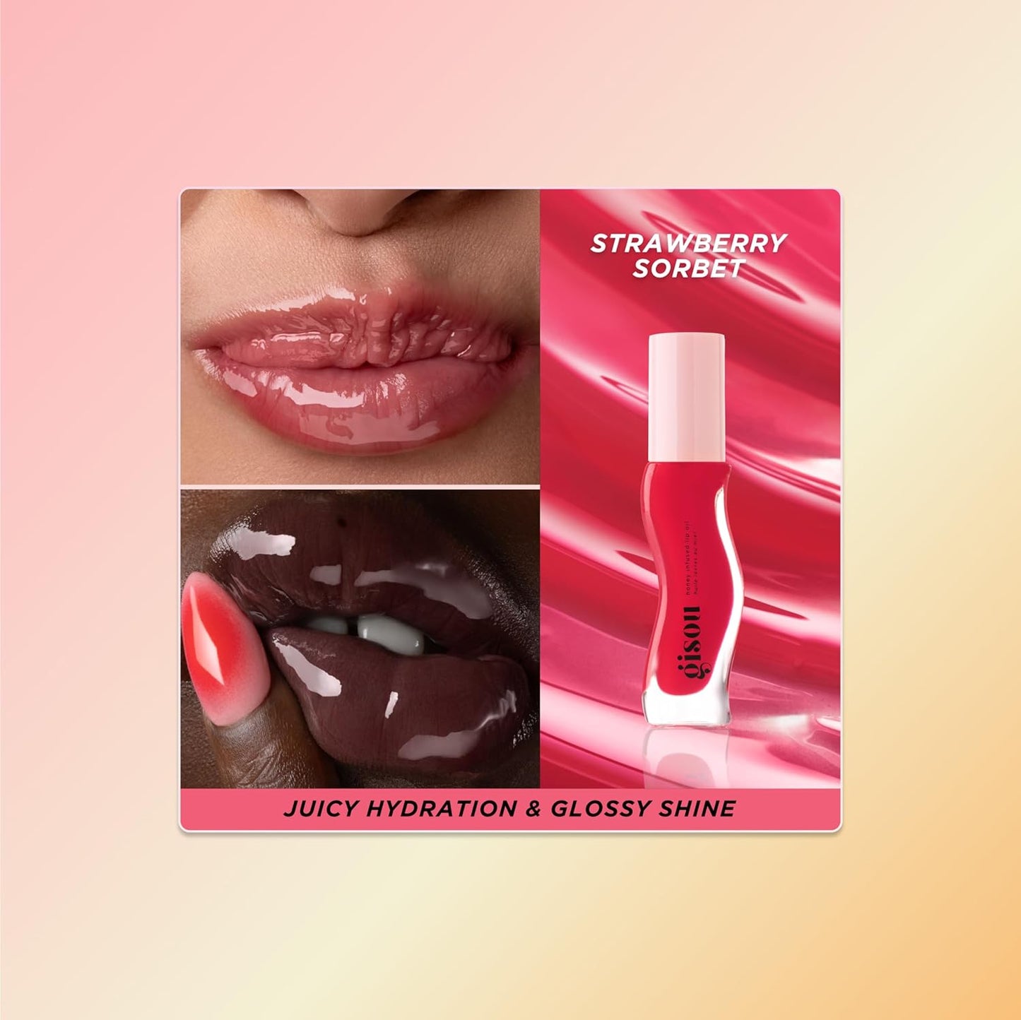 Gisou Honey Infused Hydrating Lip Oil, Nourishing Lip Moisturizer for Dry Lips, High Shine, Smooth Finish, Sheer Pinky Red Shade, Juicy Strawberry Scent, Strawberry Sorbet, 8ml