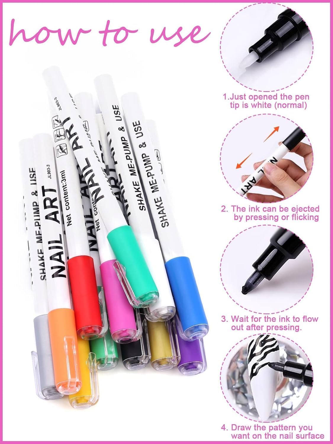 EBANKU 12 Colors Nail Art Pens Set, 3D Nail Polish Pens Acrylic Paint Pens Nail Markers for Nail Art Drawing Painting Manicure Tools Nail Design Kit Home Nail Salon DIY, 0.7MM