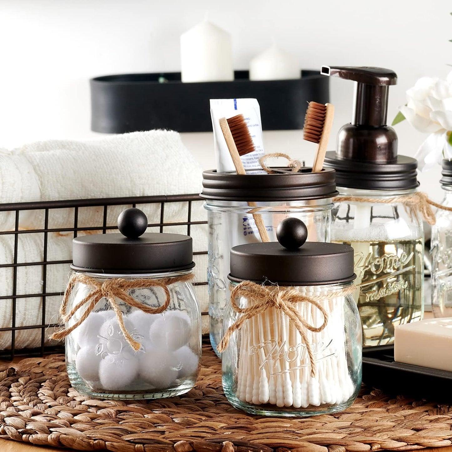 SheeChung 2 Pack Small Mason Jars Qtip Holders, Bathroom Shelf Decor, Guest Bathroom Decor for Cotton Balls, Floss Pick, Cotton Round Pads - Bronze