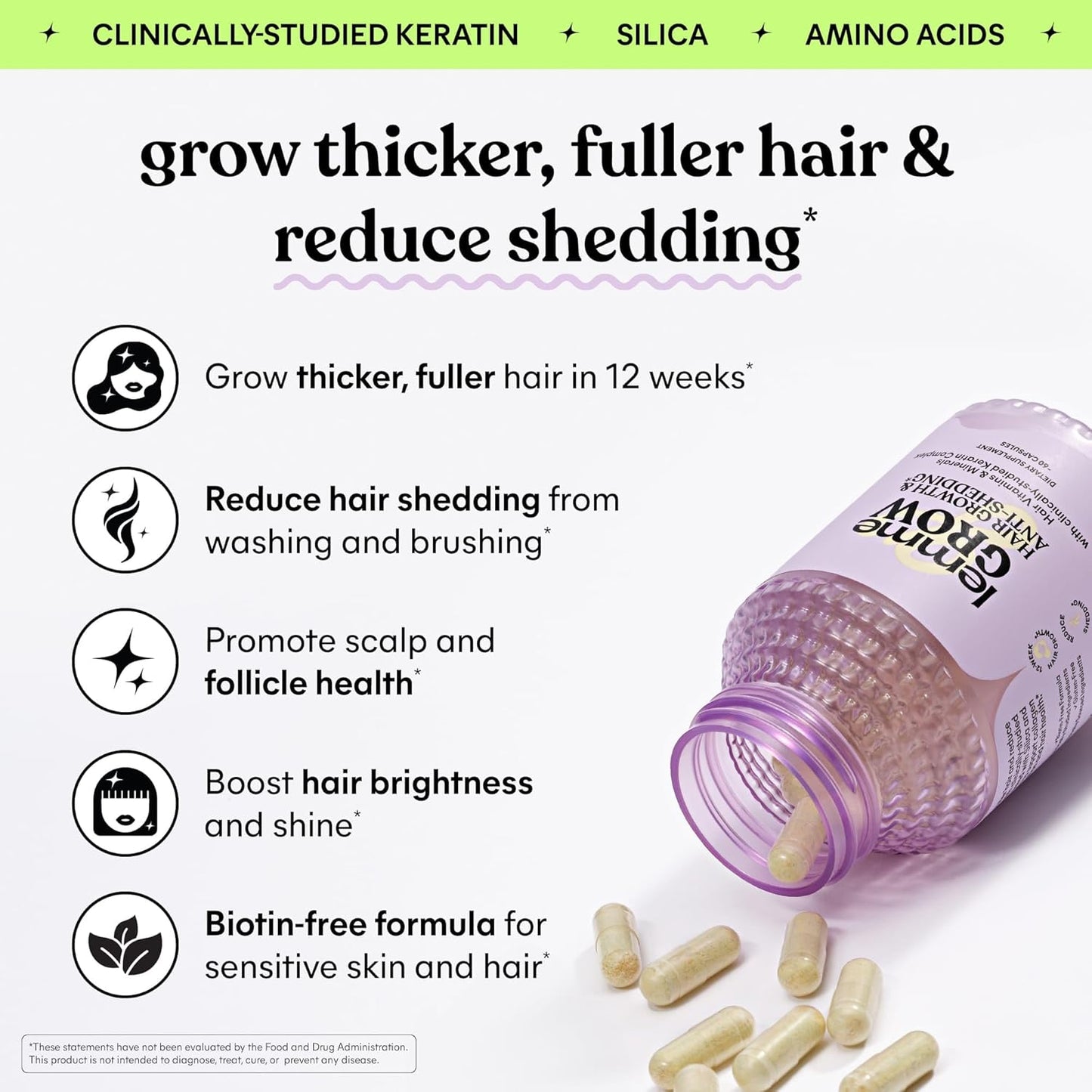 Lemme Grow Hair Growth Supplement for Women, Clinically Proven Keratin Complex for Visibly Thicker Hair and Scalp Coverage, Reduced Shedding, Nourish Thinning Hair - 1 Month Supply