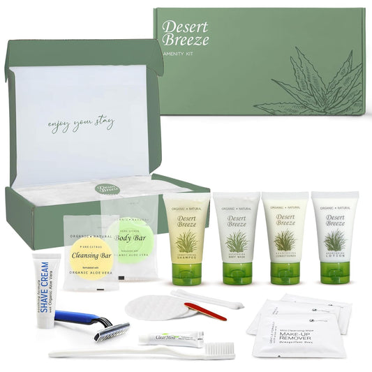 Amenity & Accessory Kit | 1 oz Travel Size Shampoo, Conditioner, Lotion, Body Wash, Body Bar, Cleansing Bar, Shave & Dental Sets, Make-Up Remover Wipes, & Vanity Kit | 1 set per case
