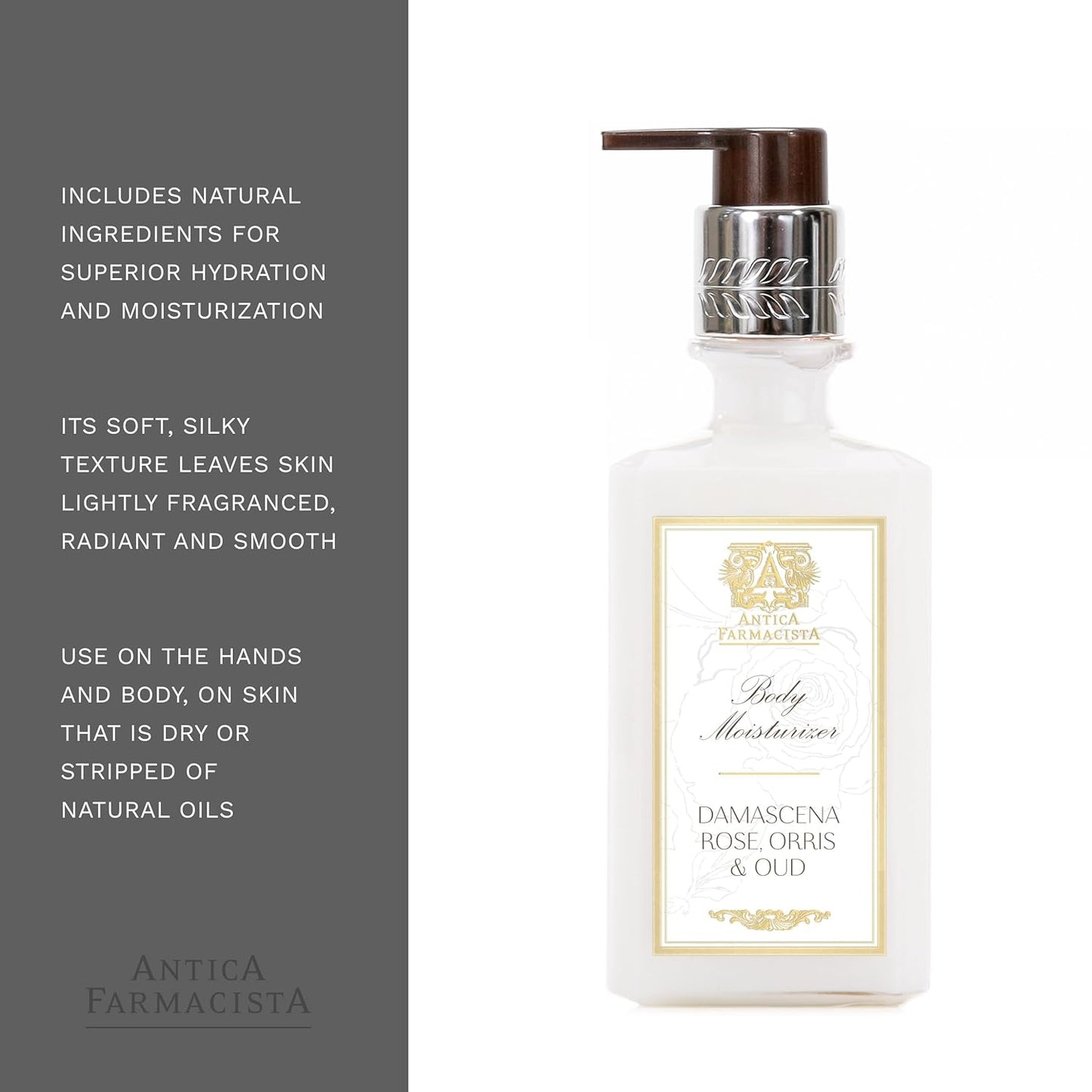 Antica Farmacista Body Moisturizer - Moisturizing Scented Lotion - Premium Body Moisturizer - Luxury Gift for Women & Men - Hand & Skin Hydration - Damascena Rose, Orris and Oud, 10 Fl Oz