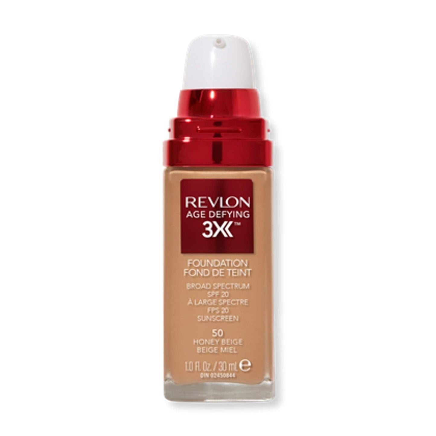 Revlon Liquid Foundation, Age Defying 3XFace Makeup, Anti-Aging and Firming Formula, SPF 30, Longwear Medium Buildable Coverage with Natural Finish, 050 Honey Beige, 1 Fl Oz