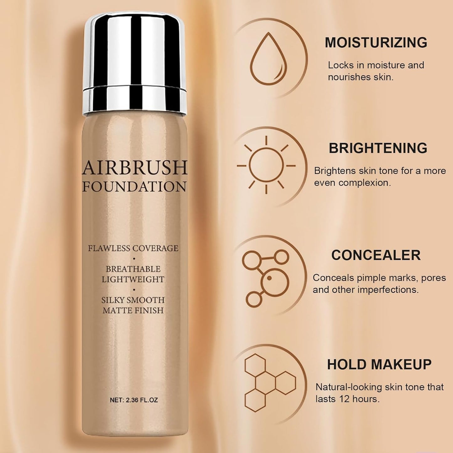Airbrush Foundation Makeup Spray, Long Lasting Waterproof Full Coverage Foundation for Brighten, Concealer and Hydrating, Natural Matte Finish, Brush and Makeup Sponge Include, 2.36oz (#3 Nude)