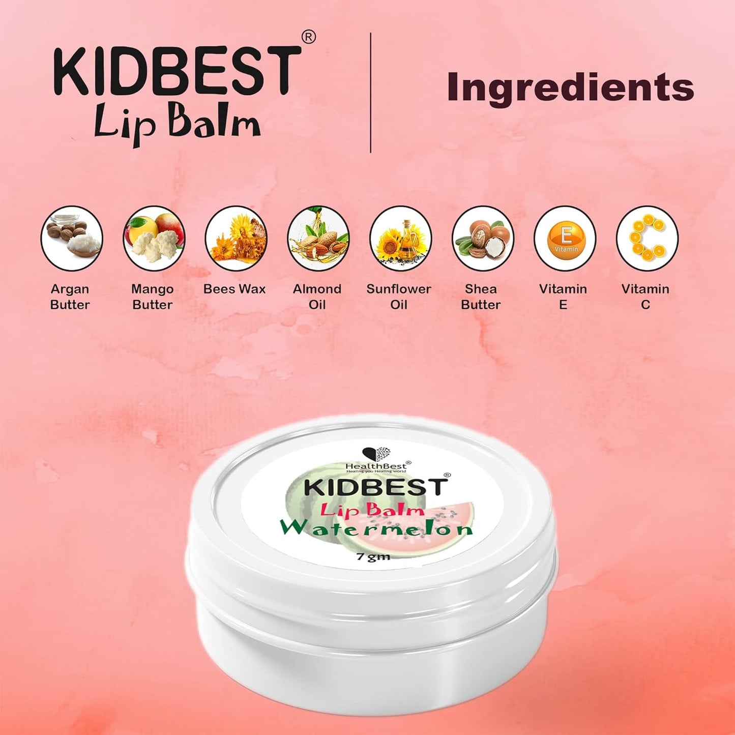 Kidbest Lip Balm for Kids, Extra Nourishing, Soothing Lips, Tear, Paraben, SLS free, Watermelon Flavor, 7gm, Peach