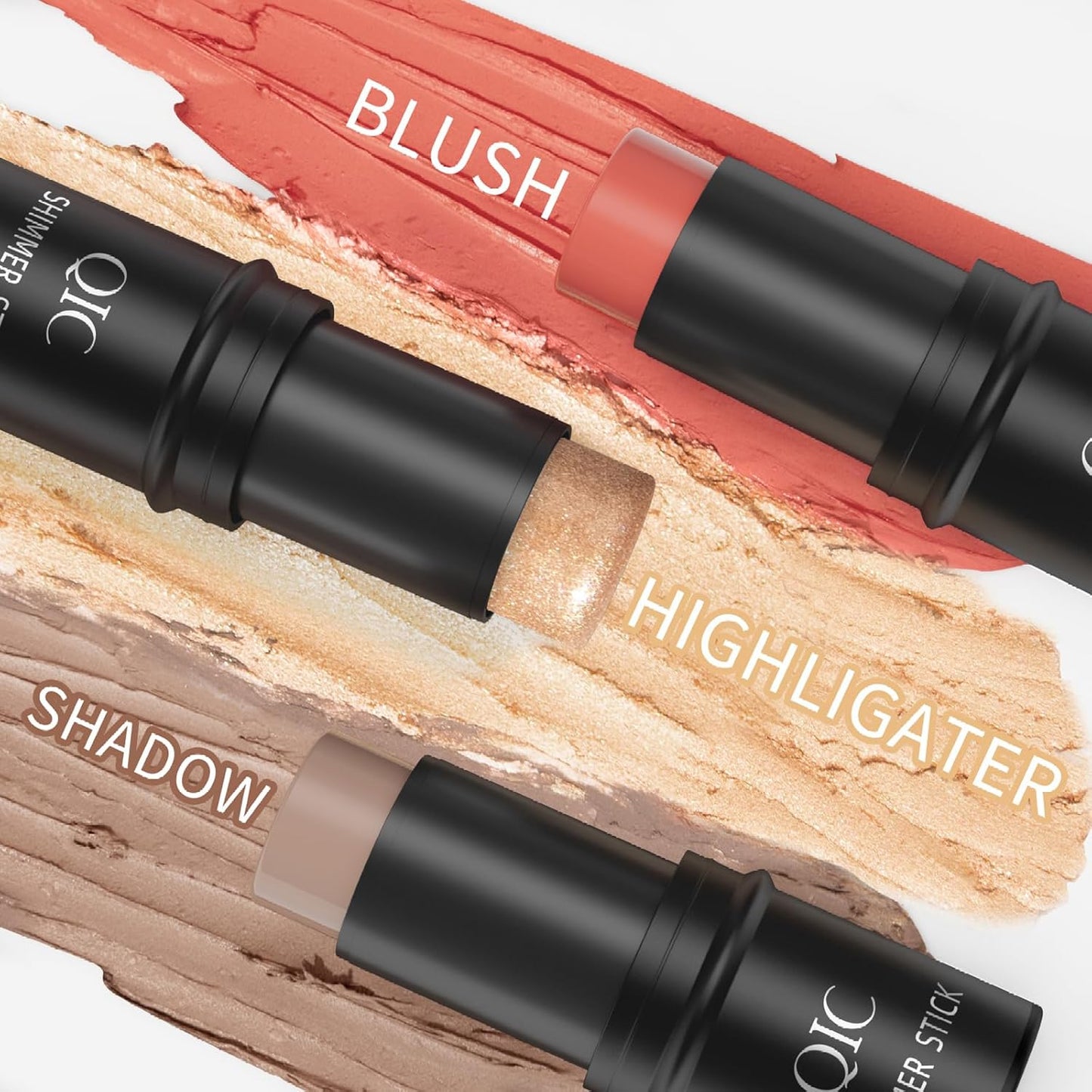3 Pcs Contour Highlighter Stick Cream Blush for Cheeks Eyes Lips Lightweight Dewy Finish Bronzer Waterproof Long Lasting Contour Stick Trio Wand Face Makeup Set（Send brushes）