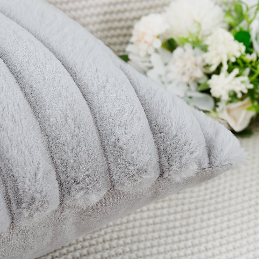 MADIZZ Set of 2 Faux Wool Plush Decorative Throw Pillow Covers 24x24 Inch Light Grey Fluffy Striped Soft Decorative Cushion Cover for Sofa Bedroom Pillow Shell