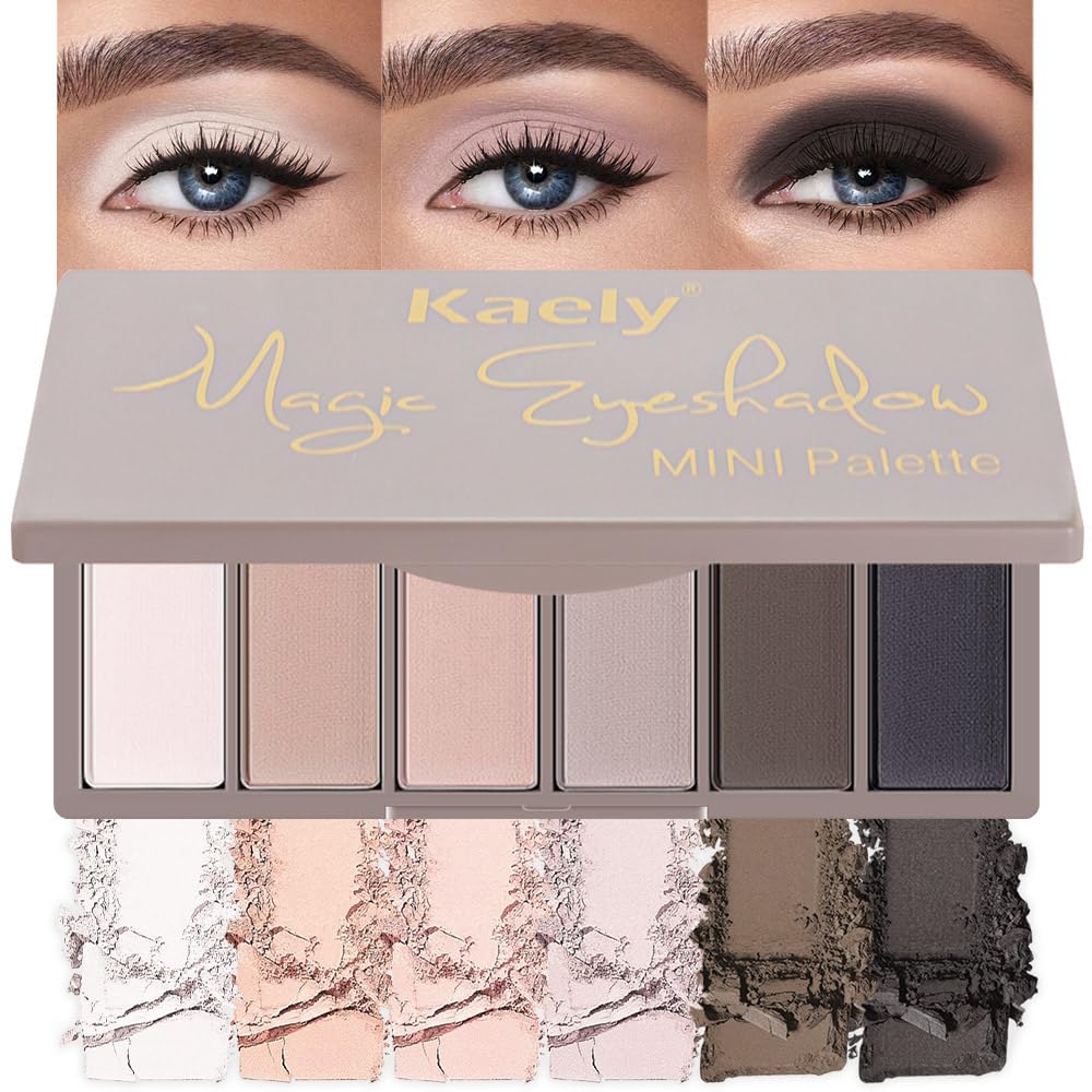 evpct 6 Colors Natural Eyeshadow Palette, White Nude Pink Taupe Dark Black Matte High Pigment Blendable Mini Travel Eyeshadow Palette Makeup for Older Women, Long Lasting Waterproof, Built in Mirror