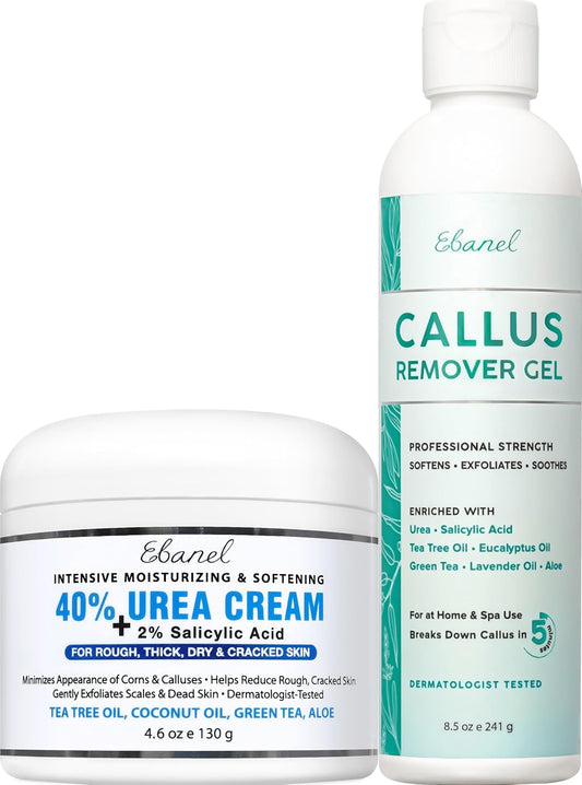 Ebanel Set of Professional Callus Remover for Feet, and Urea Cream 40% Plus Salicylic Acid 2%, Heel Foot Callus Remover Gel Exfoliator Dead Skin Cuticle Removal Toenail Softener Keratolytic Pedicure