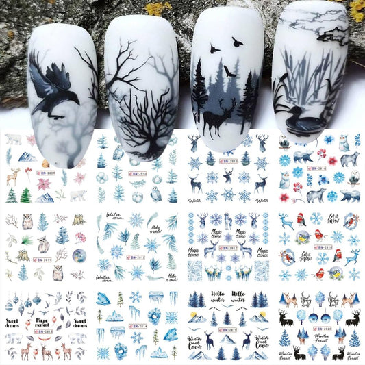 12 Sheets Snowflake Nail Art Stickers Water Transfer Nail Decals Christmas Nail Art Decorations Blue Snowflake Elk Santa Tree Bear Cute Winter Pattern Watermark Nail Stickers for Women DIY Nail Supply