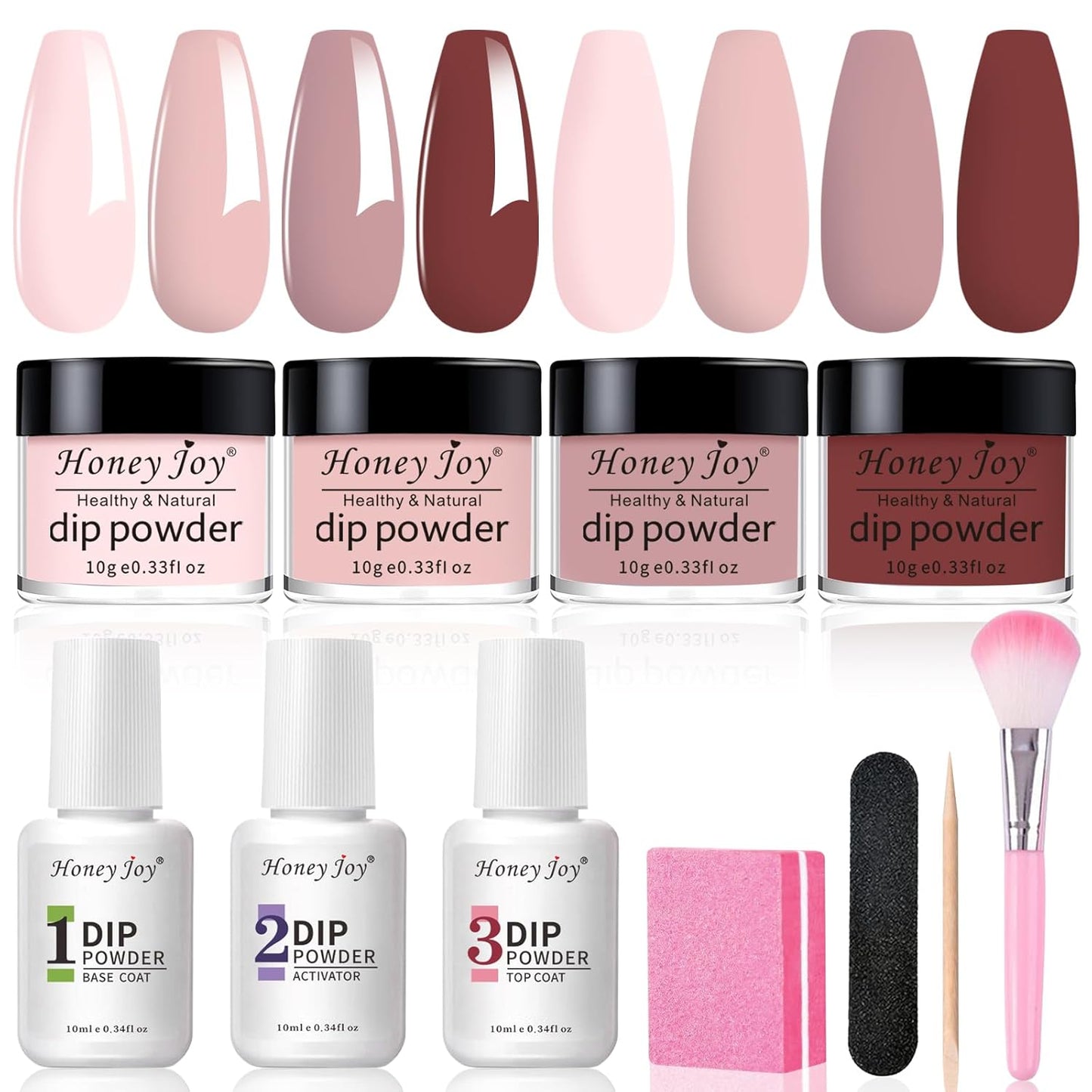 Honey Joy Dip Powder Nail Kit Starter,4 Colors Gentle Nude Brown Pink Neutral Skin Dipping Powder Liquid Set with Base Top Coat for Nail Art Manicure Salon DIY No LED Nail Lamp Needed，Dip-7pcs-07