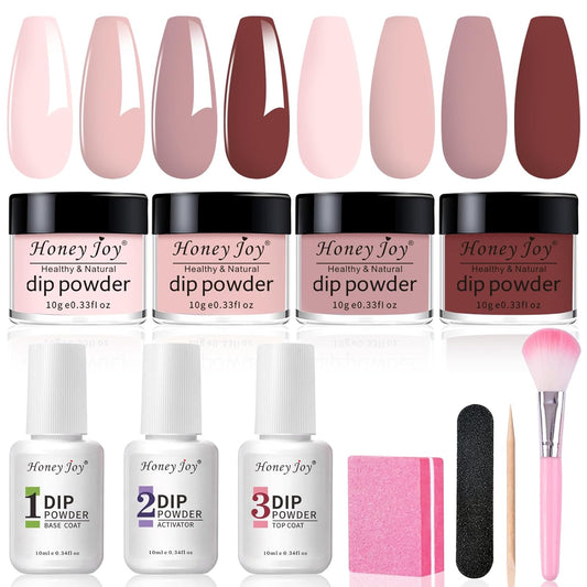 Honey Joy Dip Powder Nail Kit Starter,4 Colors Gentle Nude Brown Pink Neutral Skin Dipping Powder Liquid Set with Base Top Coat for Nail Art Manicure Salon DIY No LED Nail Lamp Needed，Dip-7pcs-07