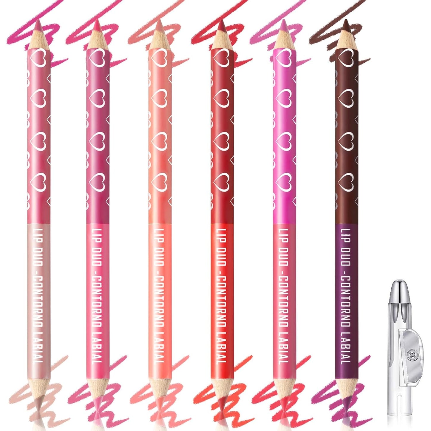 6Pcs Lip Liner Pencil Set Red Pink Purple Brown Double Head Two Colors Matte Finish Waterproof Longlasting High Pigmented Cream Lipstick Lip Colors Pencil Kit with Sharpener Lip Makeup